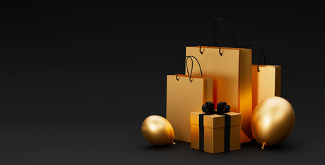 Black Friday Sale 3d illustration with golden shopping bags, gift box and golden balloons standing on black background. Shopping offer business concept