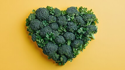 Poster -   Broccoli arranged in the shape of a heart on a yellow background and a green leafy plant in the shape of a heart