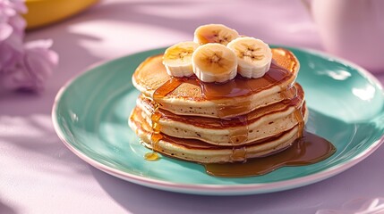 Sticker -  Pancakes with bananas and syrup on blue plate on pink tablecloth Background features vase of flowers