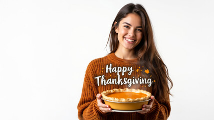 Happy Thanksgiving ! Young woman dressed in autumn outfit proudly presenting a freshly baked pumpkin pie. isolated on white background with copy space.