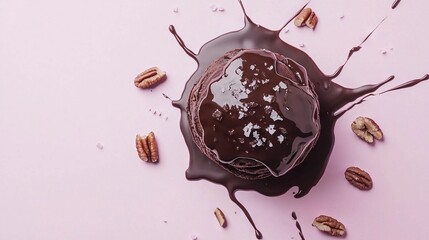 Poster -   A chocolate cake sits atop a pink table with a nearby pecan pile