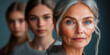 © VerraDesigns - Close-up portrait of a confident older woman with a soft, focused gaze, with two younger women blurred in the background. Represents intergenerational strength and beauty. Ideal for wellness, personal