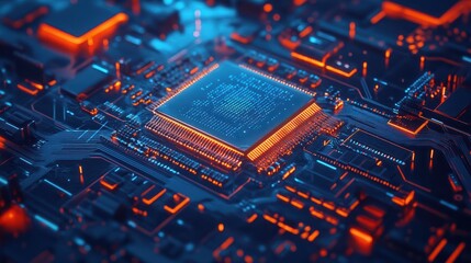Poster - A computer chip is shown in a blue and orange color scheme. The chip is surrounded by a network of wires and circuits. Concept of technology and innovation