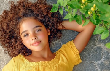 Child or little girl lying on grass, relaxing in summer, resting his eyes or reading during lunch break with copy space. freedom and peace lifestyle concept.