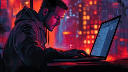 Poster - a man is sitting in front of a computer with a laptop open
