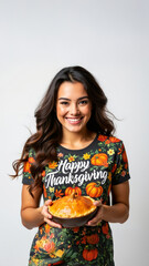 Happy Thanksgiving ! Smiling young woman holding a freshly baked pumpkin pie, wearing a colorful autumn sweater. Cheerful expression.
   