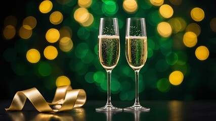 New Year's Eve photo of two tall, slender champagne glasses filled with sparkling champagne. The bokeh effect is visible against a rich background of deep green and gold