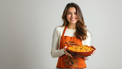 Smiling woman holding a sweet potato casserole,  wearing a Thanksgiving apron with a turkey design. Isolated on pale grey background with copy space.
