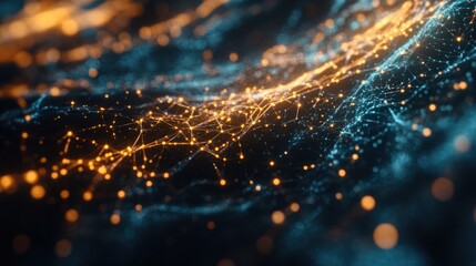 Poster - an abstract concept of digital cyberspace containing particles and data network connections.