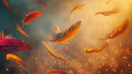 Fototapete - Bright orange and red feathers floating amidst soft particles of light and mist. The glowing atmosphere adds an ethereal and dynamic quality, creating a dreamy and visually captivating scene.