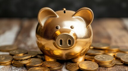 Golden piggy bank among coins money composition background