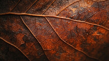 Poster -   A close-up of a brown leaf with droplets of water on its leaves is brown