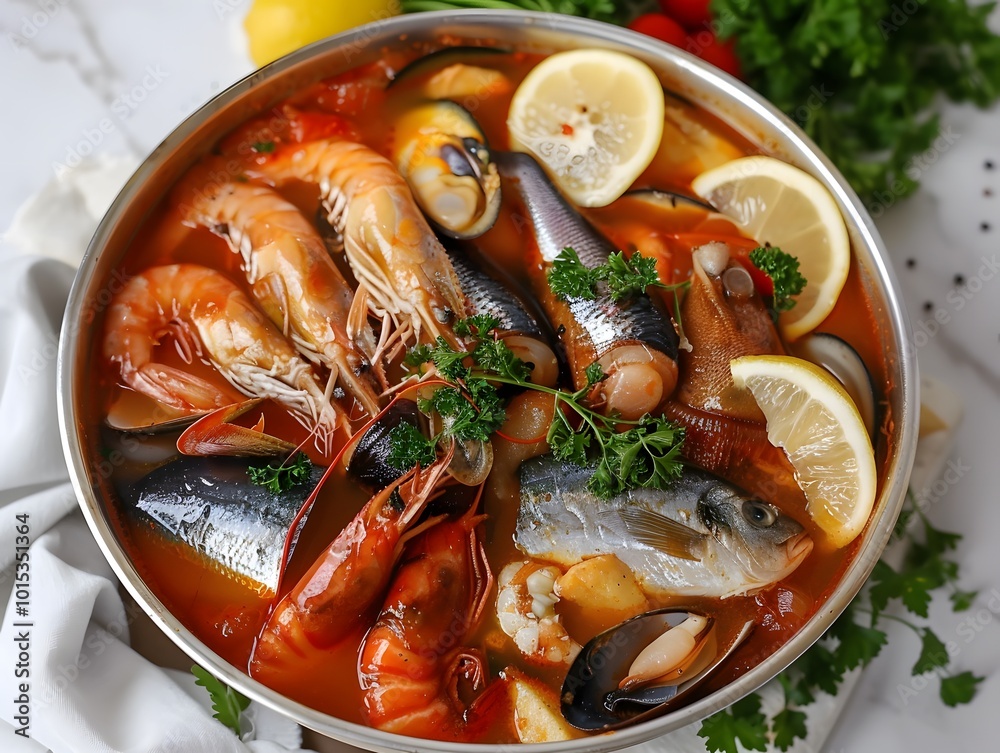 Fish stew with various types of fish and sea Stock Photo | Adobe Stock