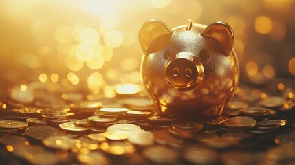 Wall Mural - Golden piggy bank among coins money composition background