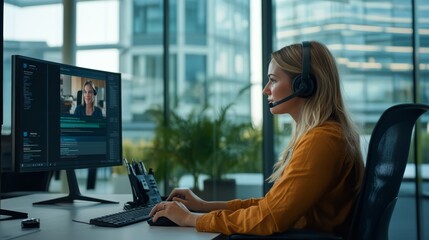 Poster - a woman wearing a headset focuses on her computer screen while participating in a video call. the br