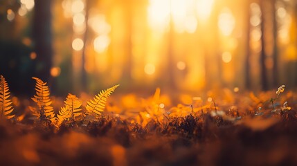 Poster - Golden and green fern leaves intertwine and glow in the gentle morning sunlight, framed by a beautifully blurred forest background, inviting peaceful reflection