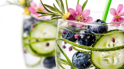 Canvas Print -   A close-up photo of a glass filled with water, adorned with blueberries and slices of cucumber on the rim