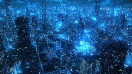 Poster - Digital cyberspace with streams of glowing blue data, resembling a futuristic cityscape at night.