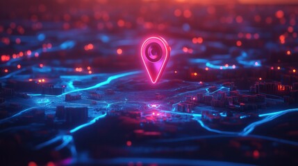 Poster - Digital GPS, neon map pin location. Innovation navigation technology concept, network connection, information pointers