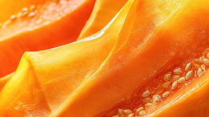 Poster -   A close-up of a papaya fruit with seeds on the inside of its skin and seeds on the outside of the inside of the fruit