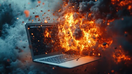 Explosion, laptop and startup fail in disaster, destruction and cyber security breach. Bomb, danger and crisis in business, company finance and stock market crash & online war. Generative AI