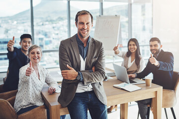 Canvas Print - Business people, portrait and thumbs up in office for meeting, productivity and startup workshop. Professional man, team and gesture in workplace for company growth, project management and approval