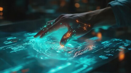 Poster - Hand-touch digital hologram and innovative internet system on VR cyberspace interface with virtual computer screen display.