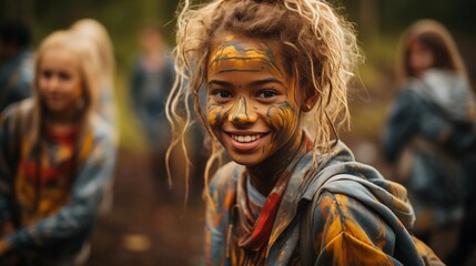 happy blond haired girls covered in paint smiling against blurred background of forest during camp activity