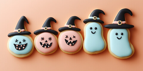 Halloween illustration of funny cookies with witch hats, happy ghost and pumpkin shapes, decorated pastries, holiday treats concept background