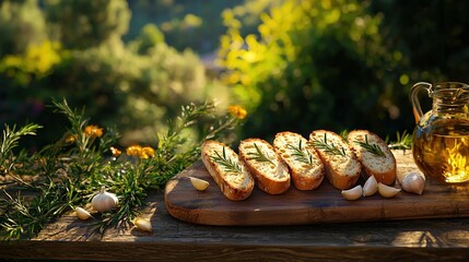 Wall Mural -   A wooden cutting board with bread slices, an oil-topped jar, and garlic on a table