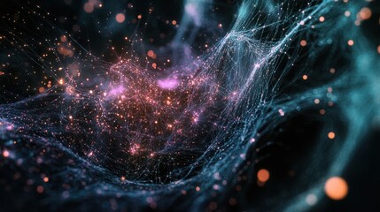 Poster - Particles in a digital cyberspace with a network of digital data connections.