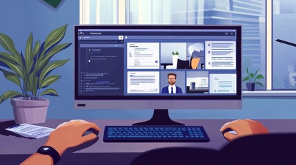 Poster - person with laptop with business software, monitor with zoom call open, software at smallest