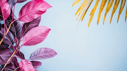 Poster -   A palm tree in focus, surrounded by a blue sky and pink plant