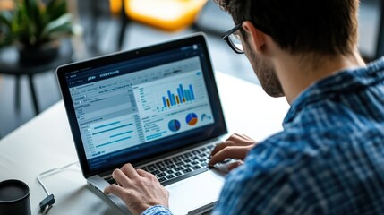 Poster - Professional reviewing SEO data on laptop