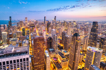 Illuminated Chicago Aerial Skyline View at Dusk