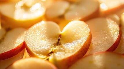 Wall Mural -   Piled apples sit on a table with sliced and whole apples together