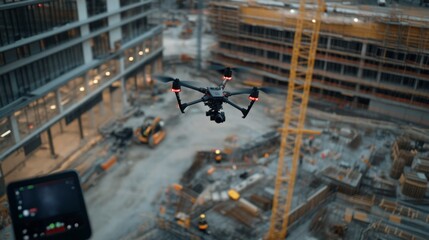 A small drone hovers over a bustling construction site, showcasing machinery at work, newly laid foundations, and an organized planning process below