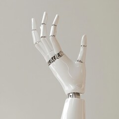 Poster - White robot hand background, presenting technology gesture. Technology meets humanity backgrond.