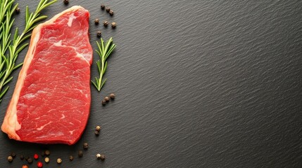 A premium cut of raw beef steak is presented alongside fresh rosemary and pepper, showcasing vibrant colors against a stark black background in afternoon light