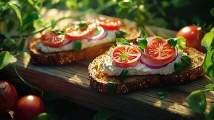 Canvas Print -   A close-up of a slice of bread topped with juicy tomatoes sits on a wooden table, surrounded by vibrant green foliage and more tomatoes