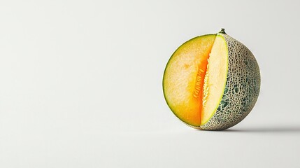 Poster -   A melon sliced in half rests atop a white table alongside a fruits bitten portion