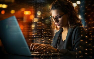 Poster - A woman is typing on a laptop in a dimly lit room. Concept of focus and concentration as the woman works on her computer