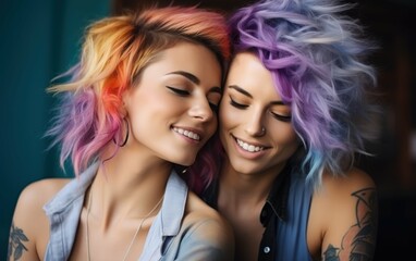 Two women with colorful hair are smiling and hugging each other. Scene is happy and friendly