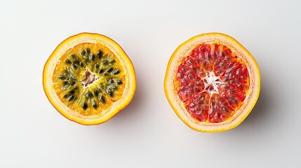 Poster -   A slice of orange and kiwi rest atop the table, each halved in size