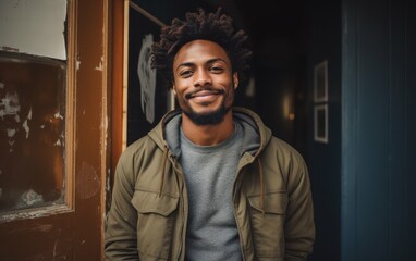 Poster - A man with dreadlocks is smiling and wearing a green jacket. He is standing in front of a door