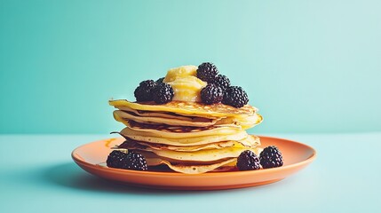 Poster -   A plate of pancakes topped with blackberries and bananas