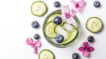 Wall Mural -   A glass filled with cucumber, blueberries, and cucumber slices surrounded by flowers on a white surface