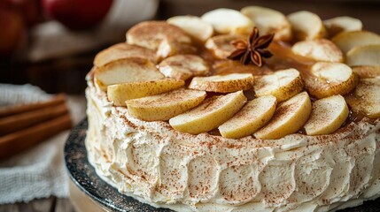 Sticker -   A close-up of a cake on a plate surrounded by apples and cinnamon sticks