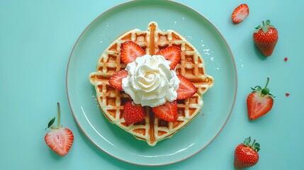 Canvas Print -   A blue plate of fluffy waffles topped with whipped cream and juicy strawberries set on a white background