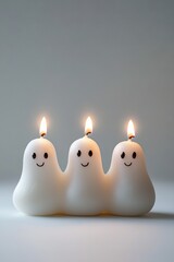 Canvas Print -   Three white candles arranged together on a white table